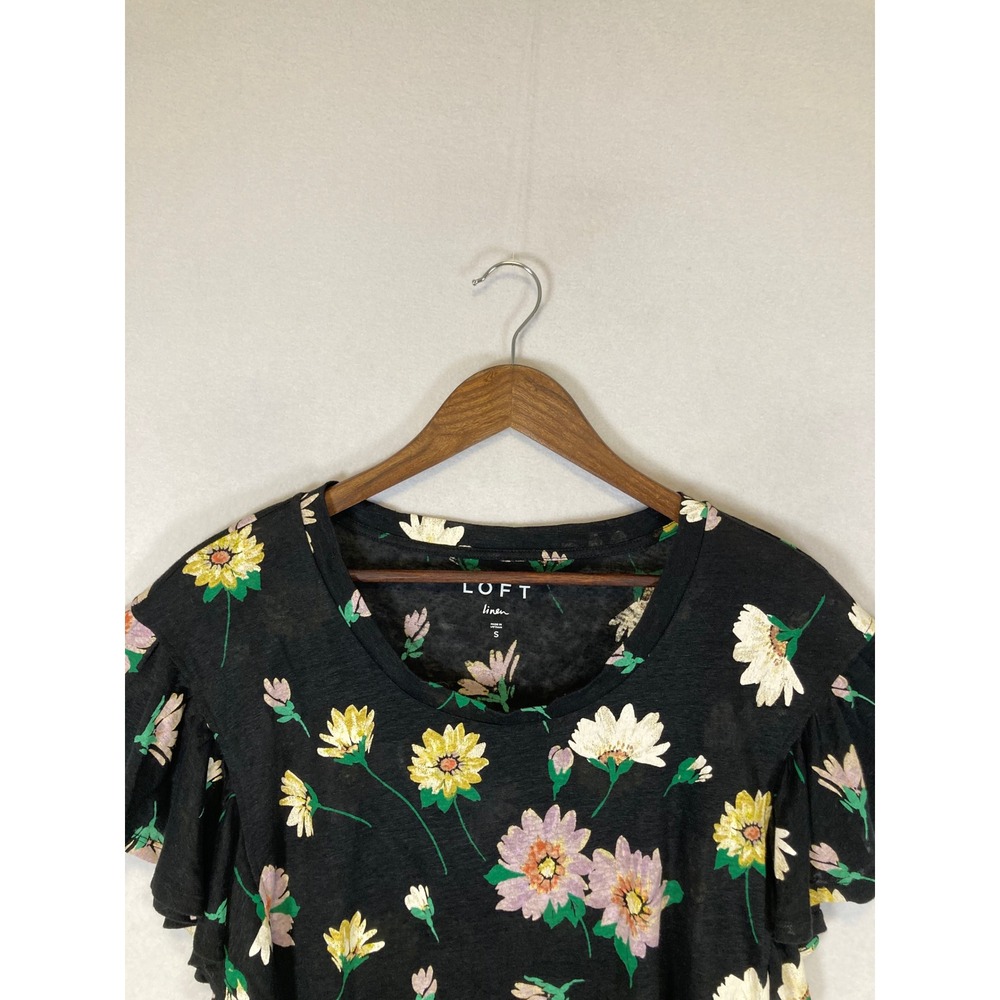 Cottagecore LOFT Women Size S Black Floral 100% Linen Flutter Sleeve Scoop Neck - Picture 4 of 9